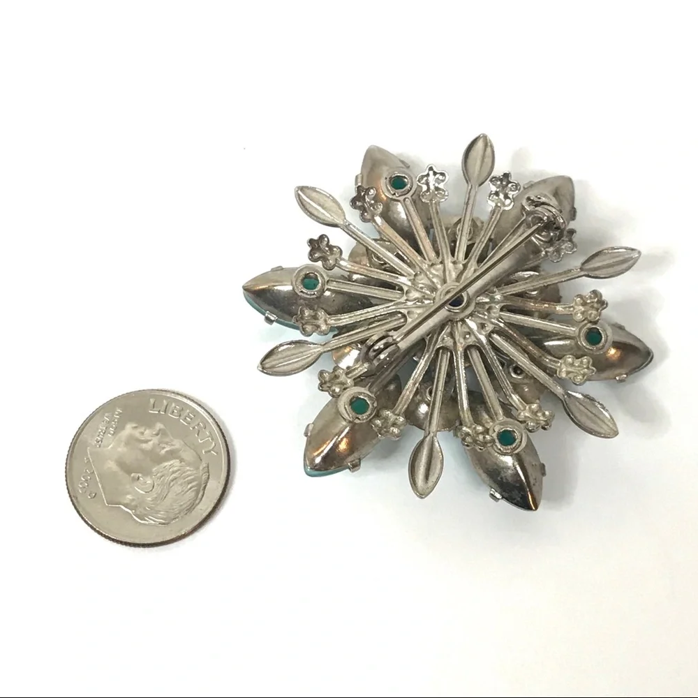 Vintage Brooch Rhinestone Sunburst Blue Silver